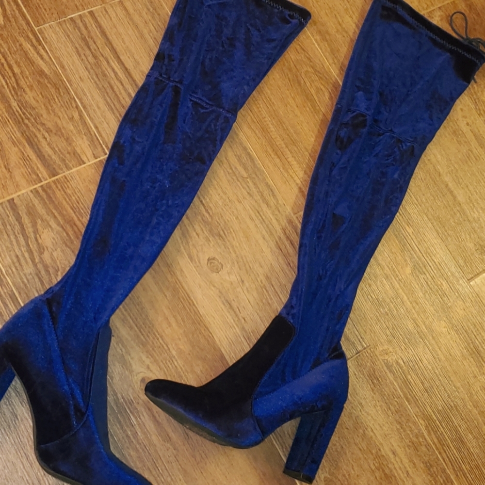 Velvet Royal Blue Knee High Boots Booties High Heel With Tie & Zipper 8